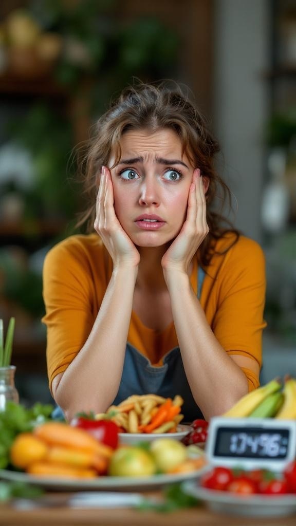 A frustrated person holding a calculator surrounded by fresh fruits and vegetables, illustrating the struggle of weight loss on a low-calorie diet.