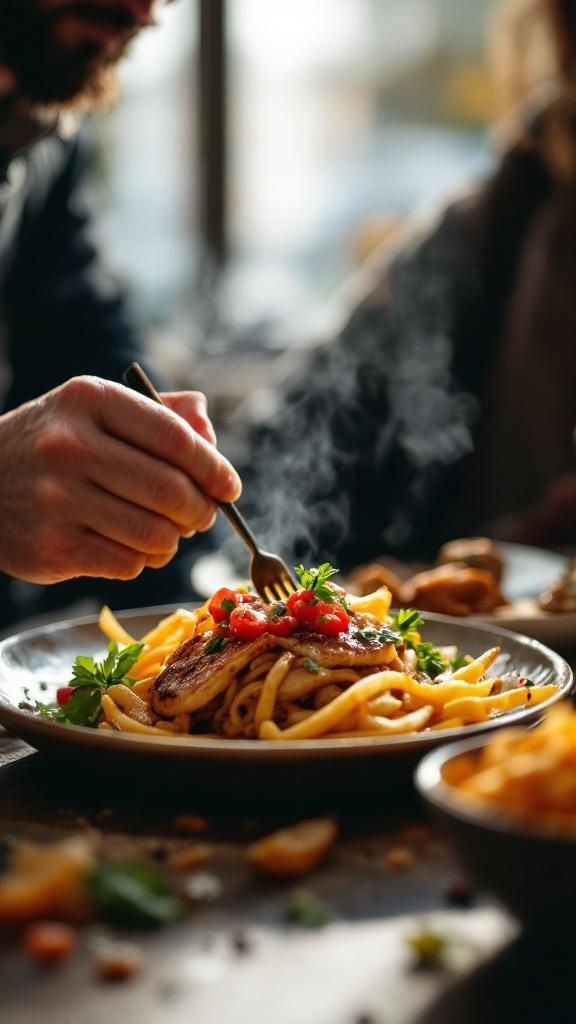 A close-up of a person enjoying a plate of pasta with fresh toppings, emphasizing mindful eating.