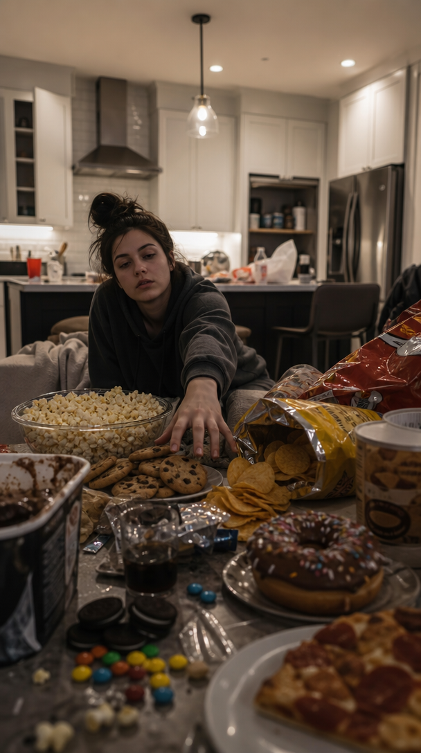 A person sitting on a couch surrounded by various snacks, including popcorn, cookies, and pizza, appearing to reach for snacks.