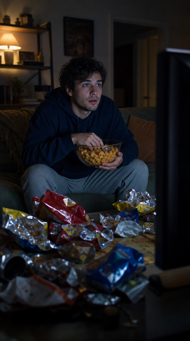 A person sitting on a couch, watching TV, with a bowl of snacks in hand and discarded snack bags around them.