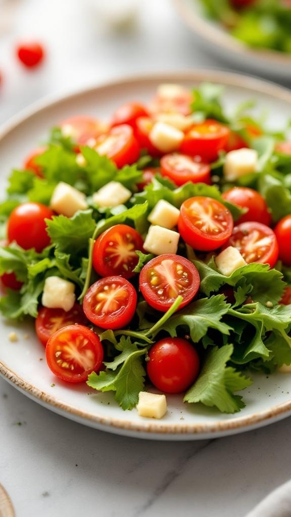 A mini salad with mixed greens, cherry tomatoes, and herbs on a plate.