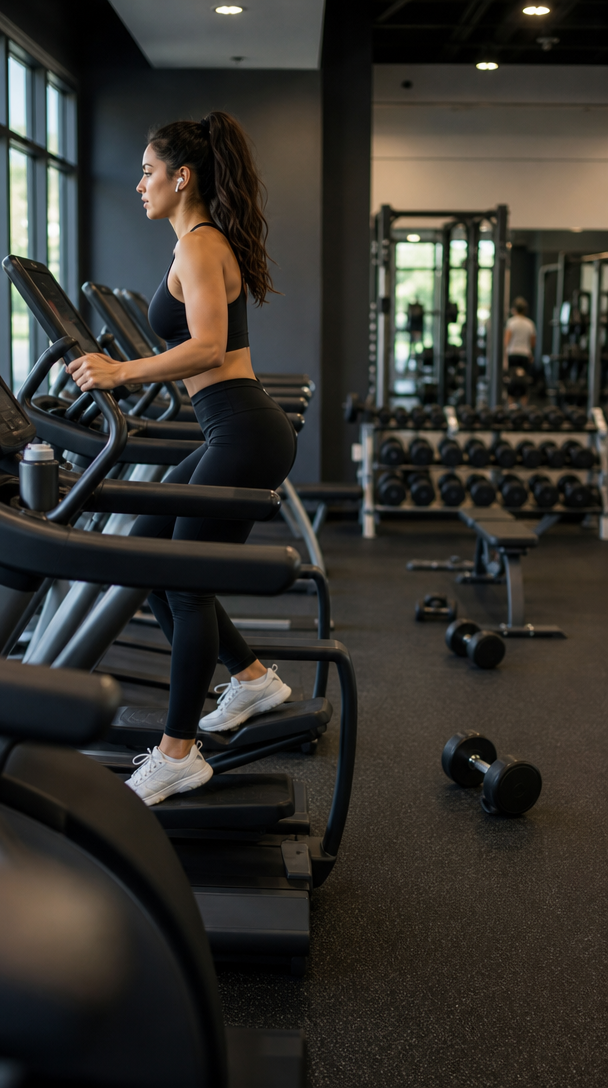 A woman exercising on an elliptical machine in a modern gym.