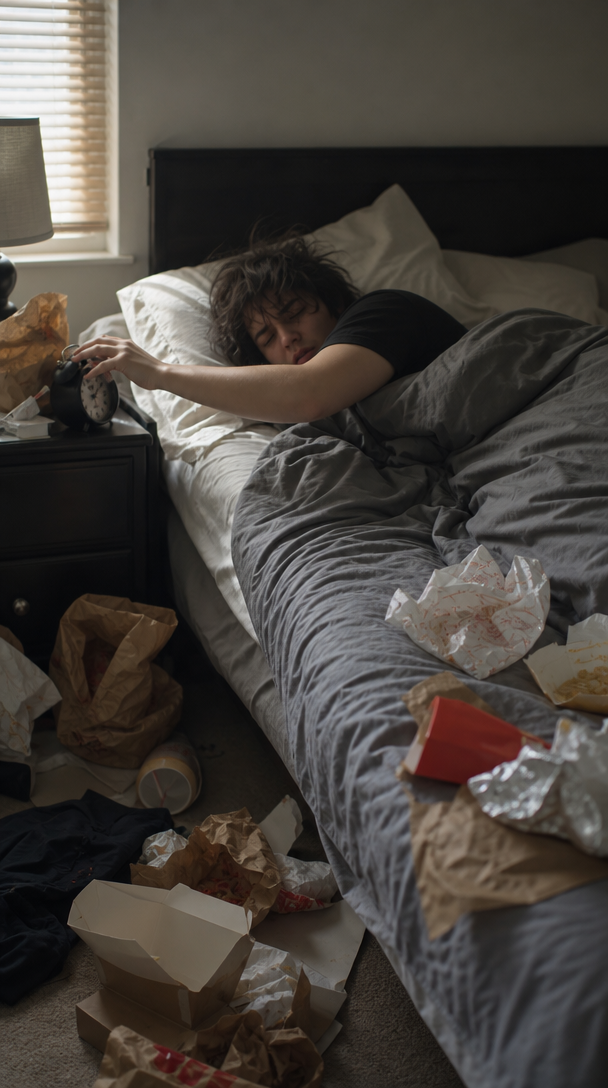 A messy bedroom with food wrappers and a tired person reaching for an alarm clock.