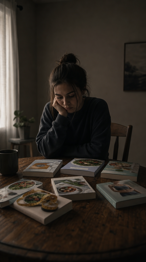 A person sitting at a table with cookbooks, looking contemplative and possibly overwhelmed.