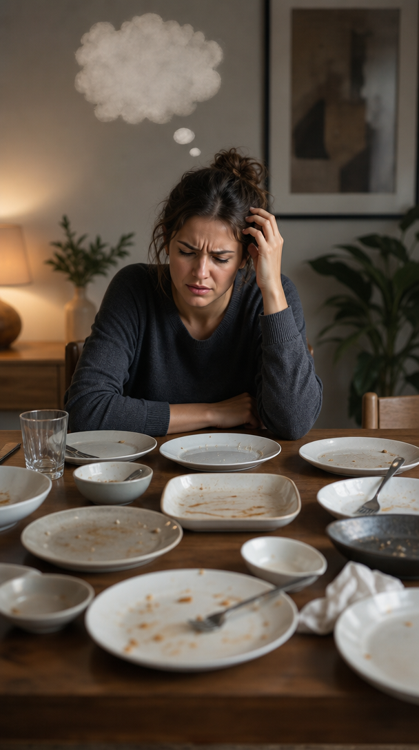 A woman looking frustrated at a table covered with empty plates