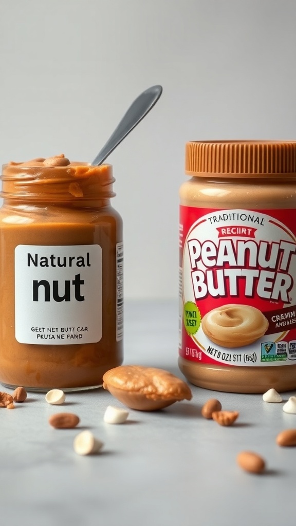 Two jars of nut spread: one labeled 'Natural Nut' and the other a traditional creamy peanut butter, with nuts scattered around.