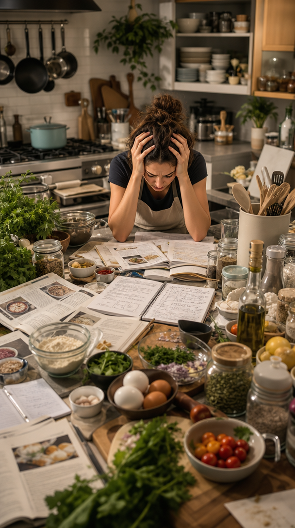 A woman looking overwhelmed in a cluttered kitchen filled with ingredients and cookbooks.