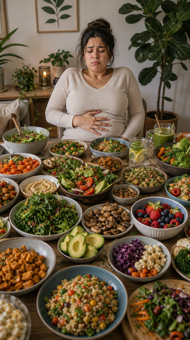 A woman looking uncomfortable while surrounded by bowls of healthy food.