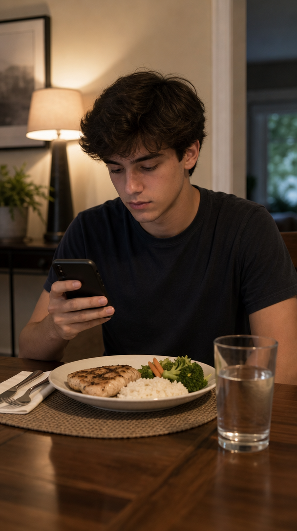 A young man sitting at a table, distracted by his phone while a healthy meal is on his plate.