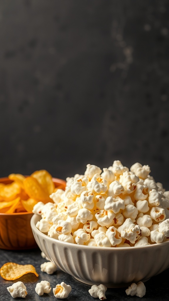 A bowl of fluffy popcorn next to a bowl of potato chips, representing healthy snack alternatives.