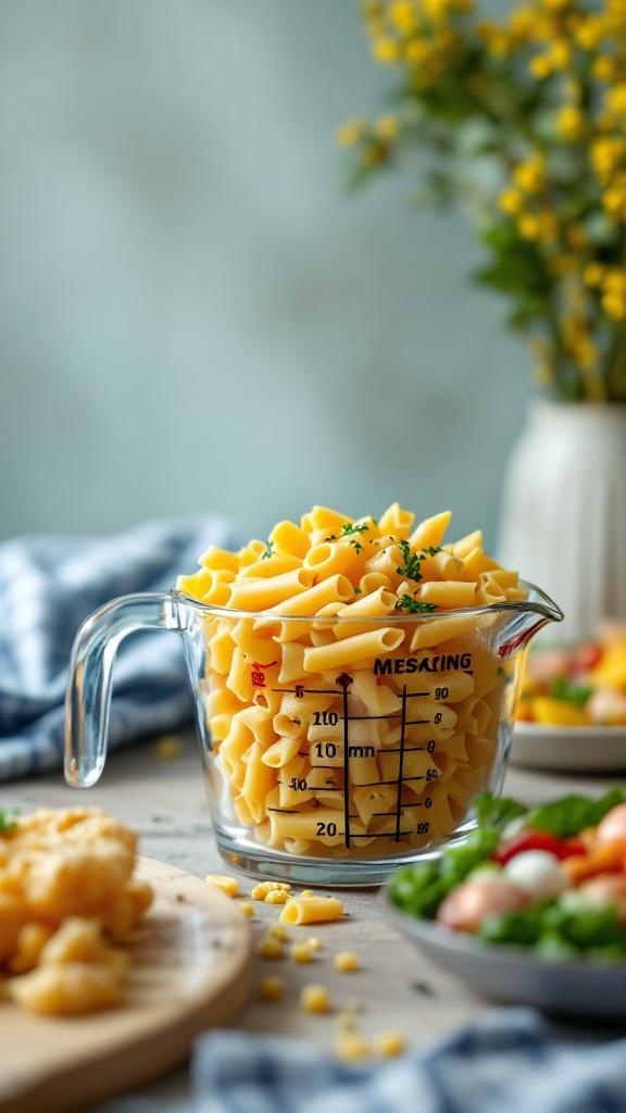 A measuring cup filled with pasta, symbolizing portion control for carbs.