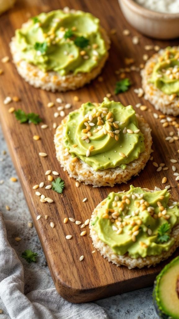 Rice cakes topped with avocado spread and sesame seeds on a wooden board.