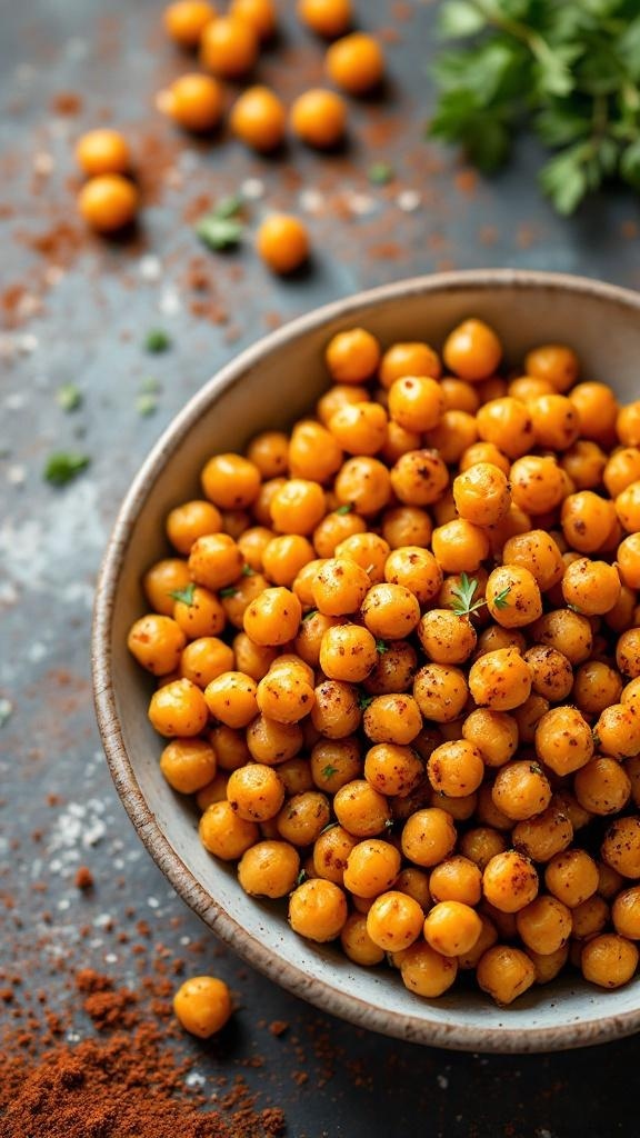 A bowl of roasted chickpeas seasoned with spices, surrounded by scattered chickpeas and spices.