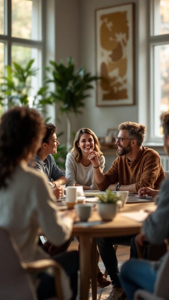 A group of people sitting around a table, engaged in conversation and sharing ideas.