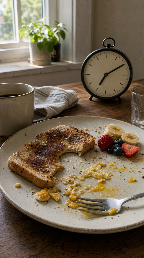 A plate with half-eaten toast, fresh fruit, a cup of coffee, and a clock, illustrating a rushed breakfast setting.