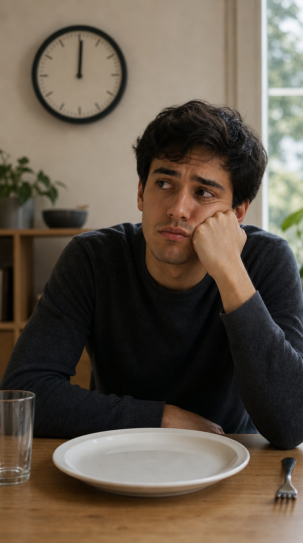 A young man sitting at a table looking bored, with an empty plate and a glass in front of him, symbolizing the effects of skipping meals.