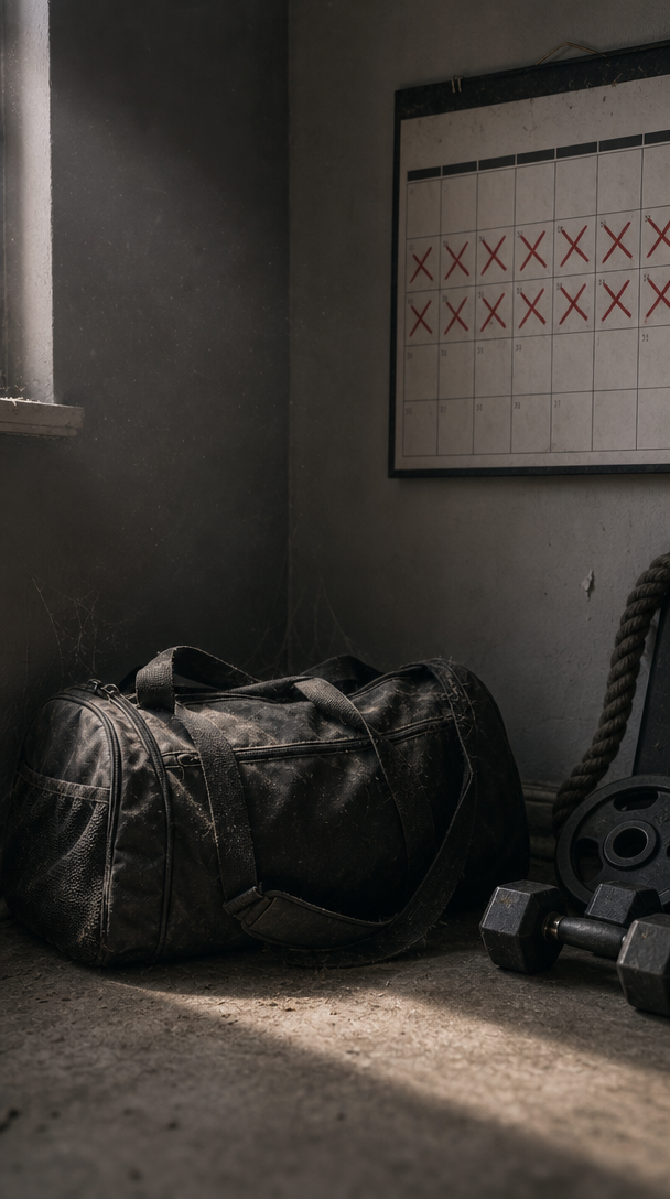 A dusty gym bag stands next to equipment and a calendar with marked-off days, symbolizing skipped workouts.