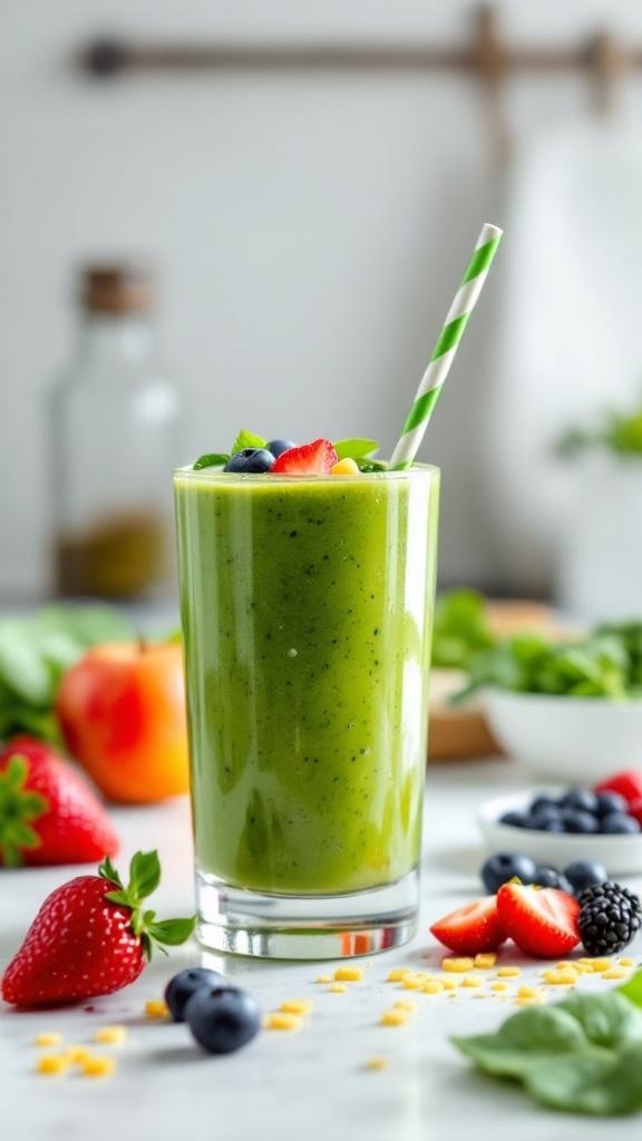 A green smoothie with spinach and fruits in a glass, garnished with berries and a straw.