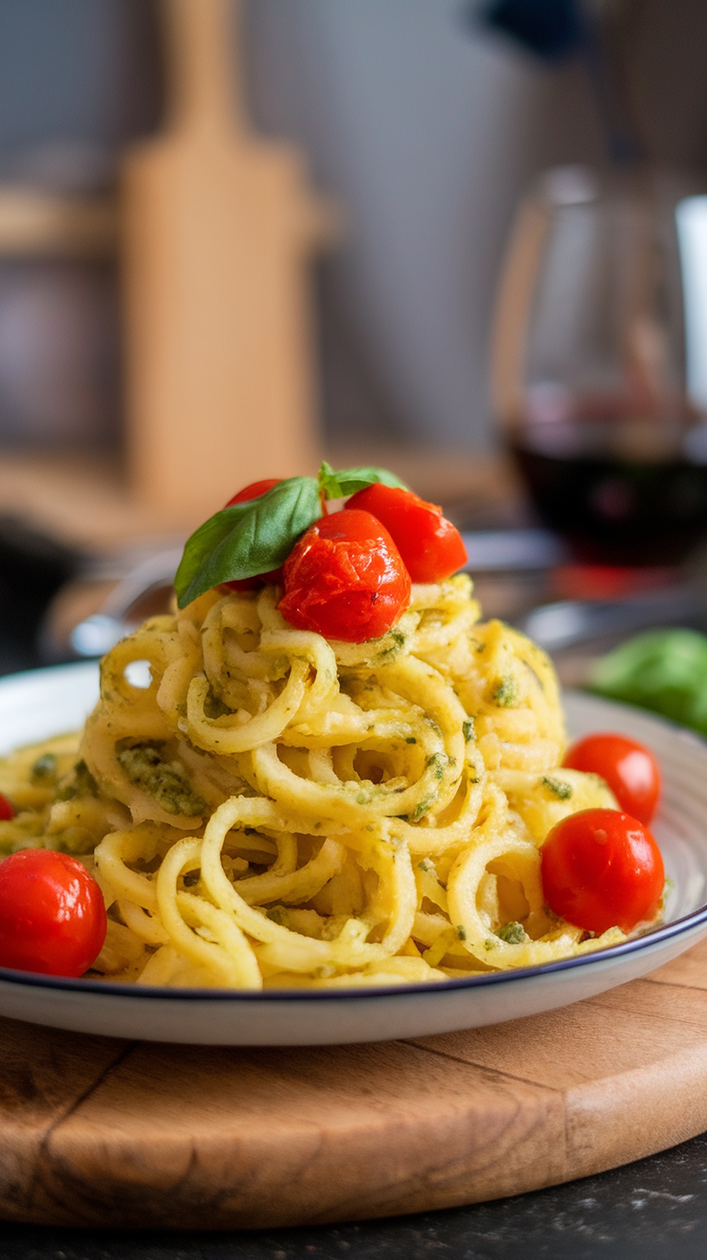 A plate of spaghetti squash topped with pesto and cherry tomatoes, served on a wooden board.