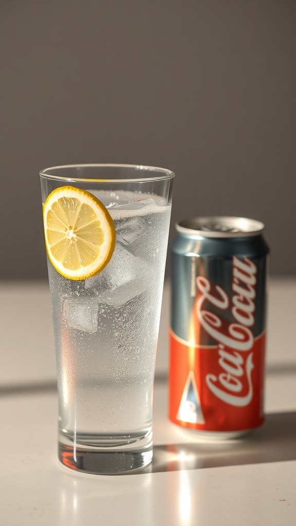 A clear glass of sparkling water with a slice of lemon next to a can of soda.