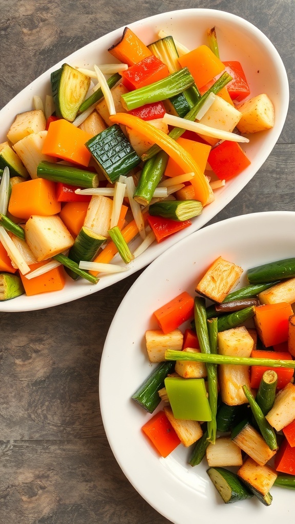 Plate of colorful steamed vegetables including carrots, bell peppers, and zucchini.