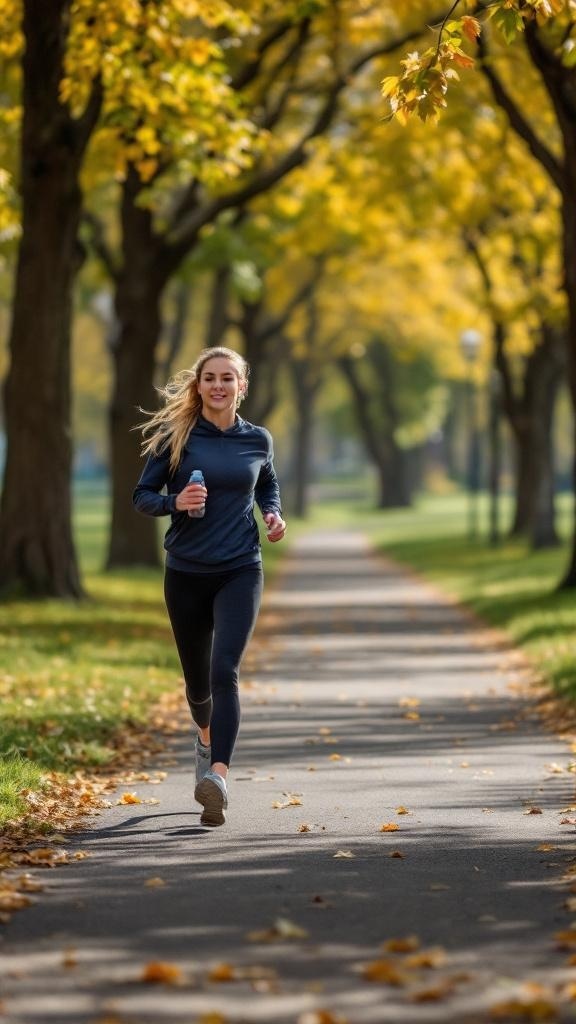 A woman jogging in a park with autumn leaves, promoting physical activity.