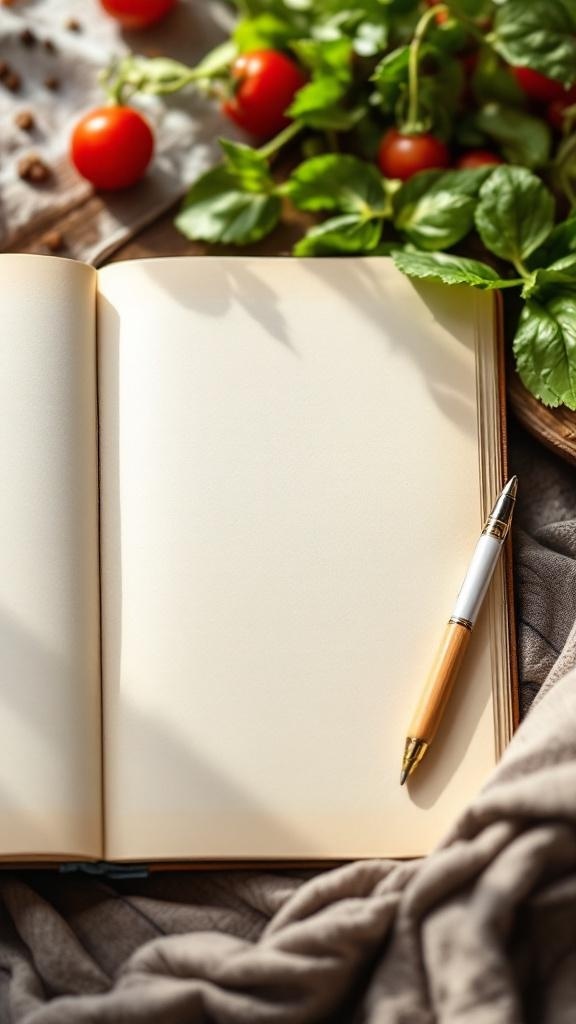 An open food journal with a pen beside it, surrounded by fresh tomatoes and herbs.