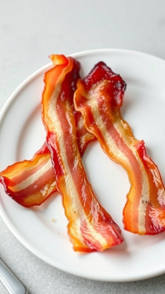 Plate with three strips of cooked turkey bacon.
