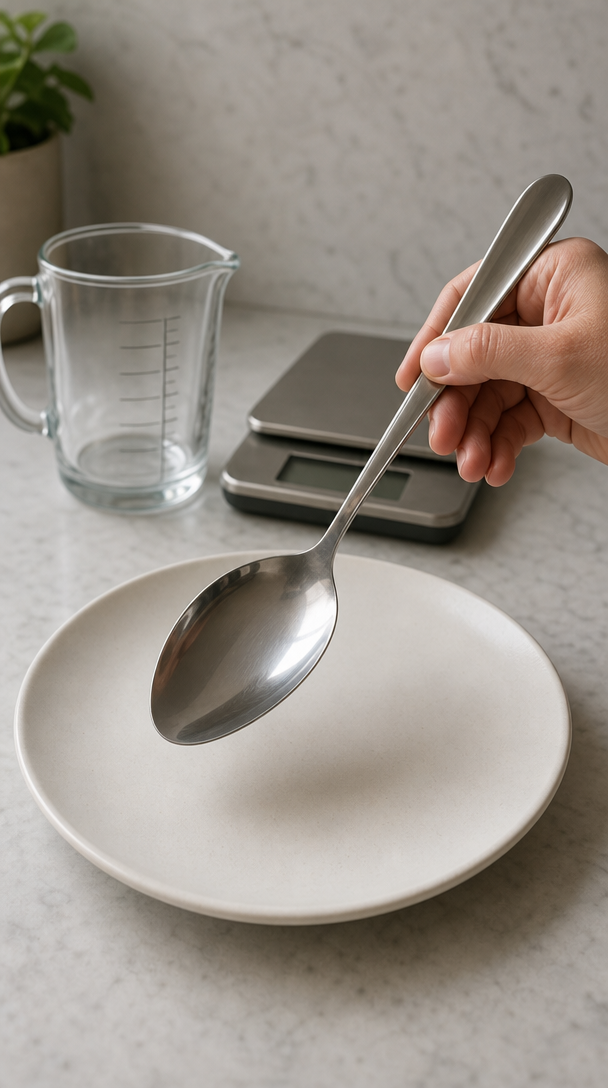 A hand holding a spoon above an empty plate, with a measuring cup and a food scale in the background.