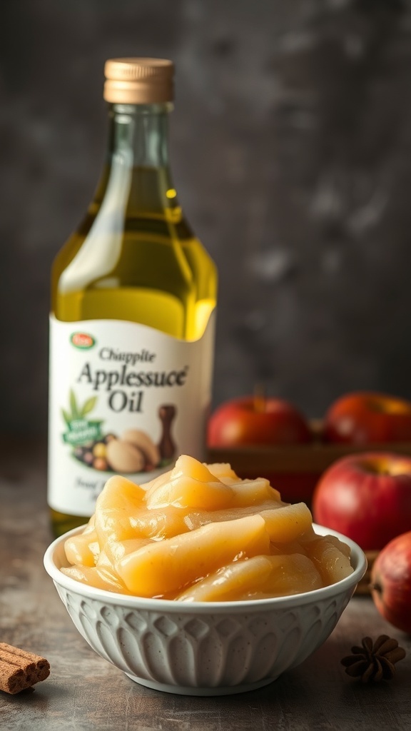 A bowl of unsweetened applesauce in front of a bottle of oil and fresh apples
