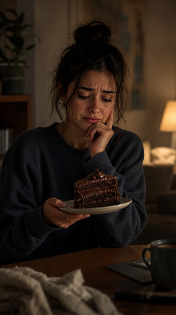 A young woman looking thoughtfully at a slice of chocolate cake.