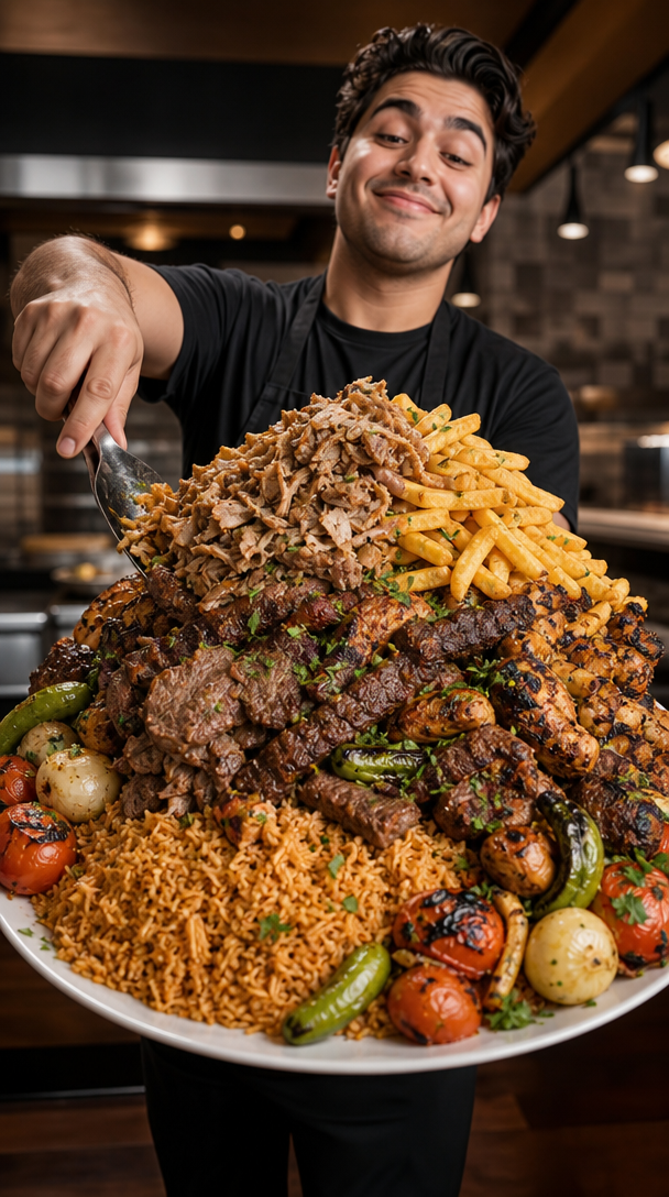 A person smiling while holding a large plate piled high with various foods.