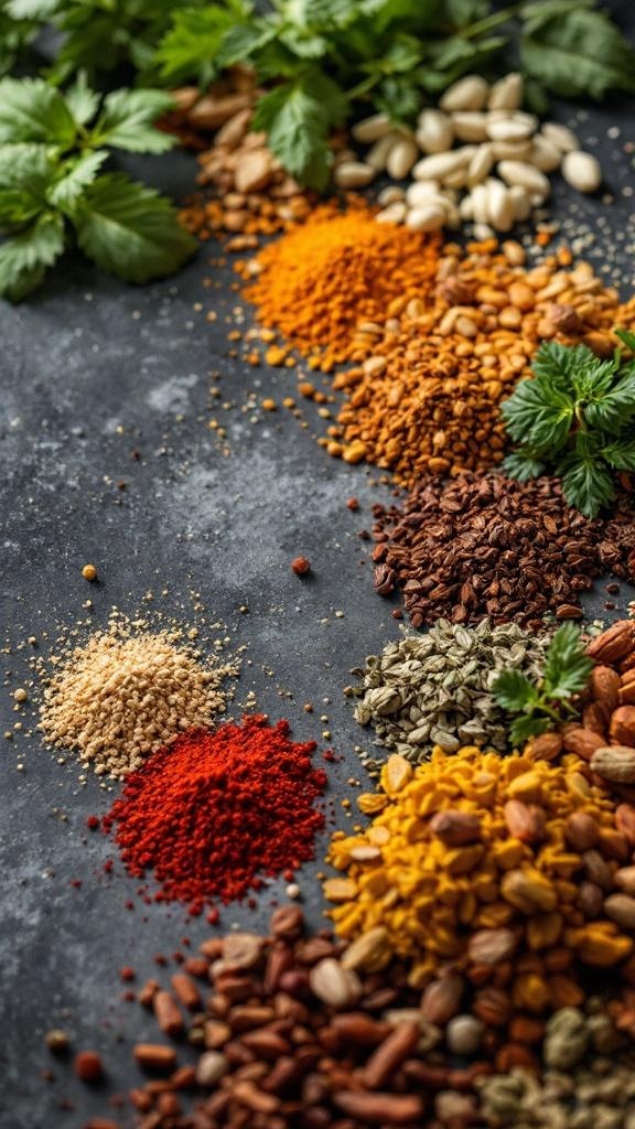 An assortment of spices and herbs arranged on a dark surface.