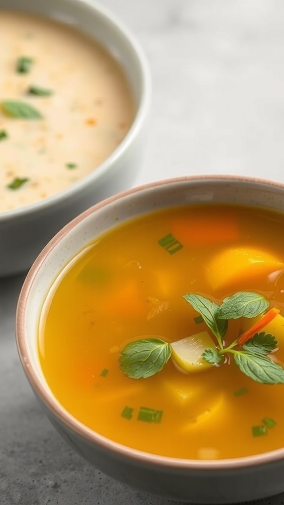 A bowl of vibrant vegetable broth with herbs and vegetables.