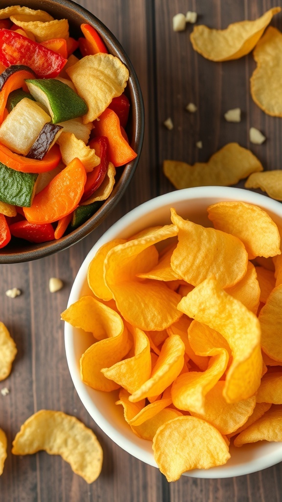 A bowl of vegetable chips and a bowl of colorful diced vegetables.