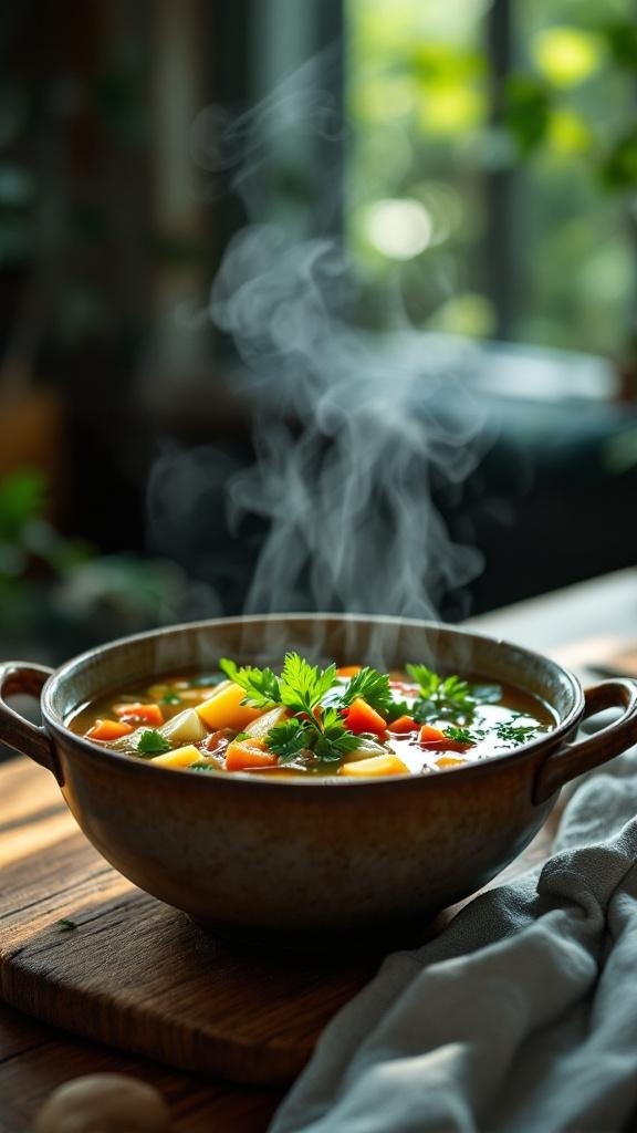A steaming bowl of vegetable soup with colorful vegetables and fresh herbs, served on a wooden board.