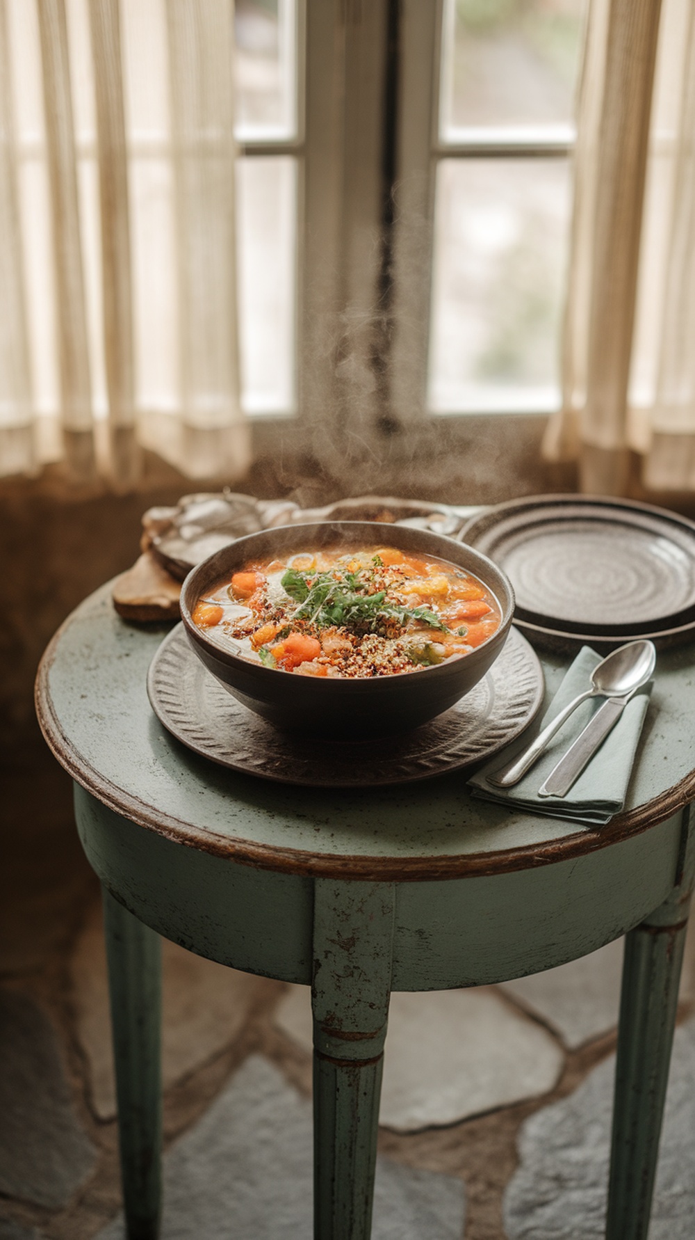A bowl of vegetable soup with quinoa on a rustic table, garnished with fresh herbs.