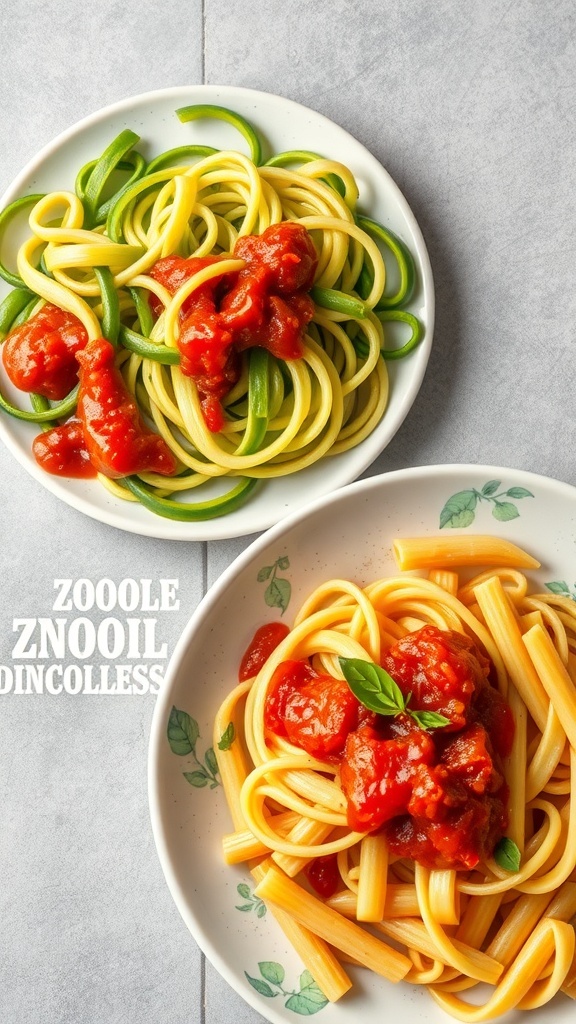 A plate of zoodles topped with tomato sauce alongside a plate of traditional pasta.