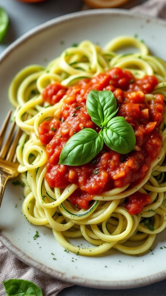 A plate of zucchini noodles topped with marinara sauce and fresh basil.