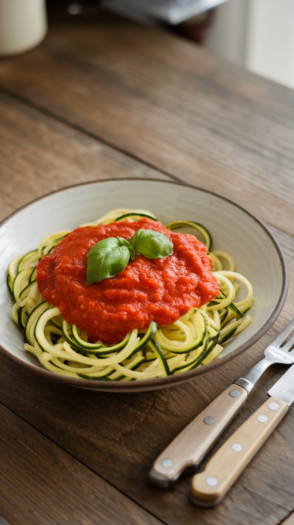 A bowl of zucchini noodles topped with marinara sauce and fresh basil on a wooden table.