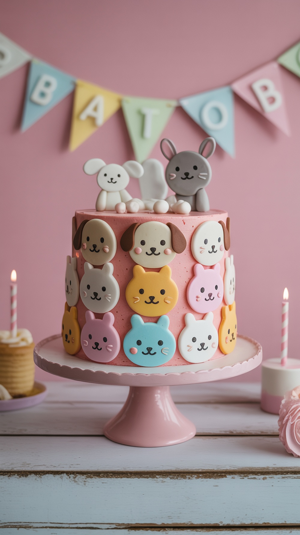 A pink baby shower cake decorated with cute animal faces made of fondant, featuring a bunny and a puppy on top.