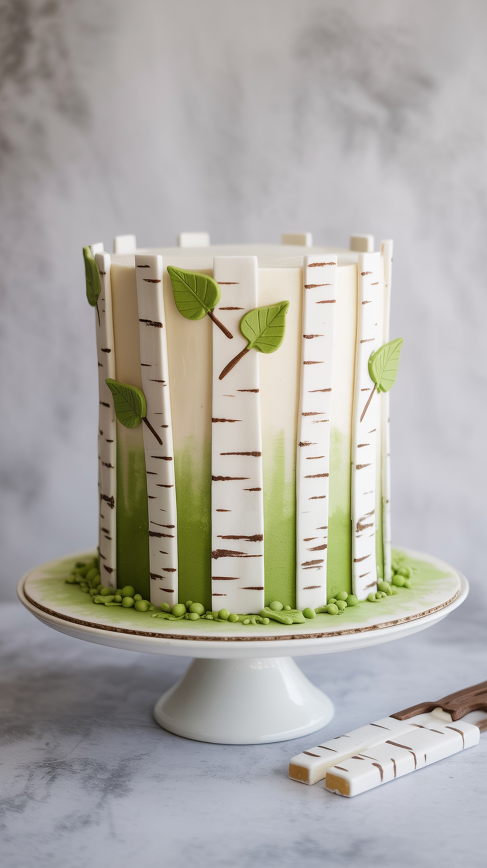 A beautifully designed birch tree cake with white trunks, green leaves, and a grassy base.