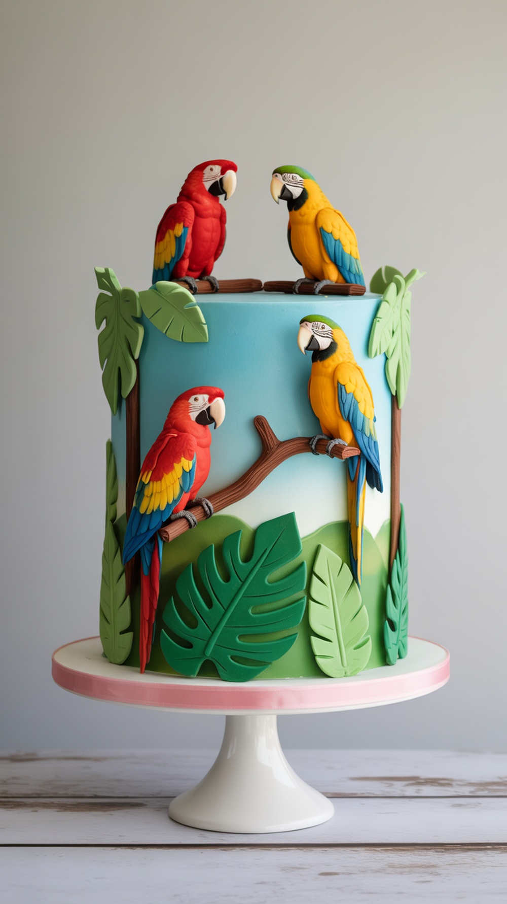 A colorful cake featuring parrots and macaws, decorated with tropical leaves.
