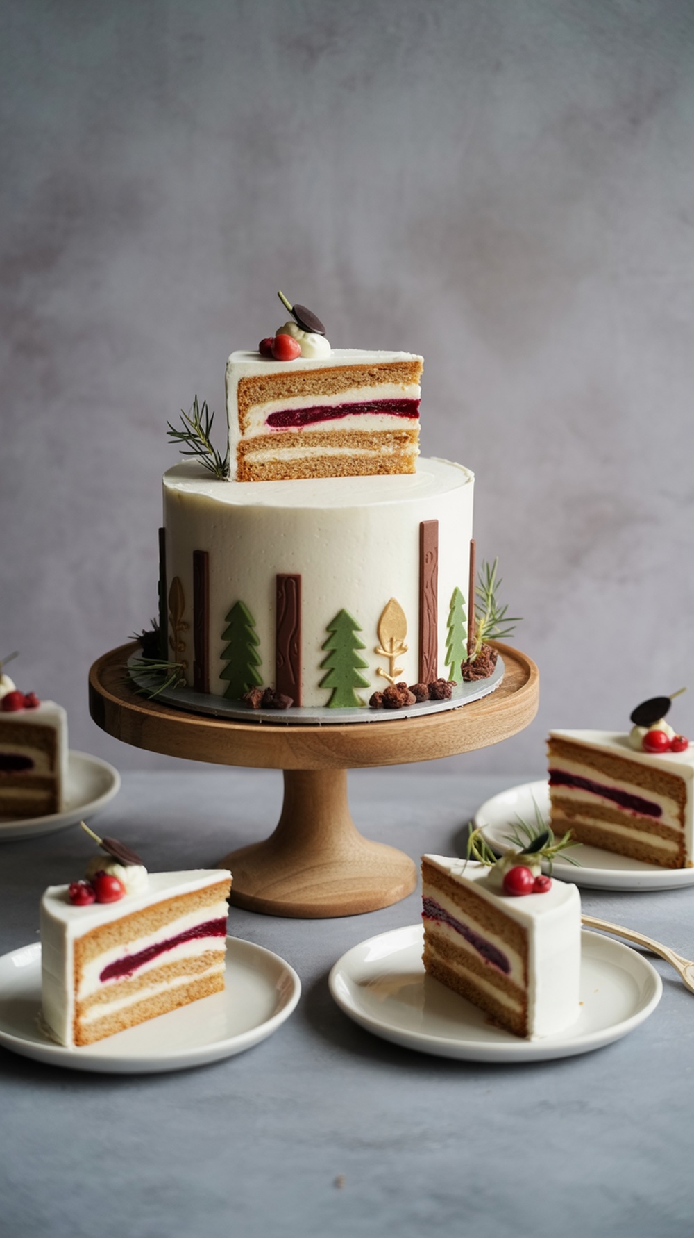 Woodland themed baby shower cake with layers and decorative elements