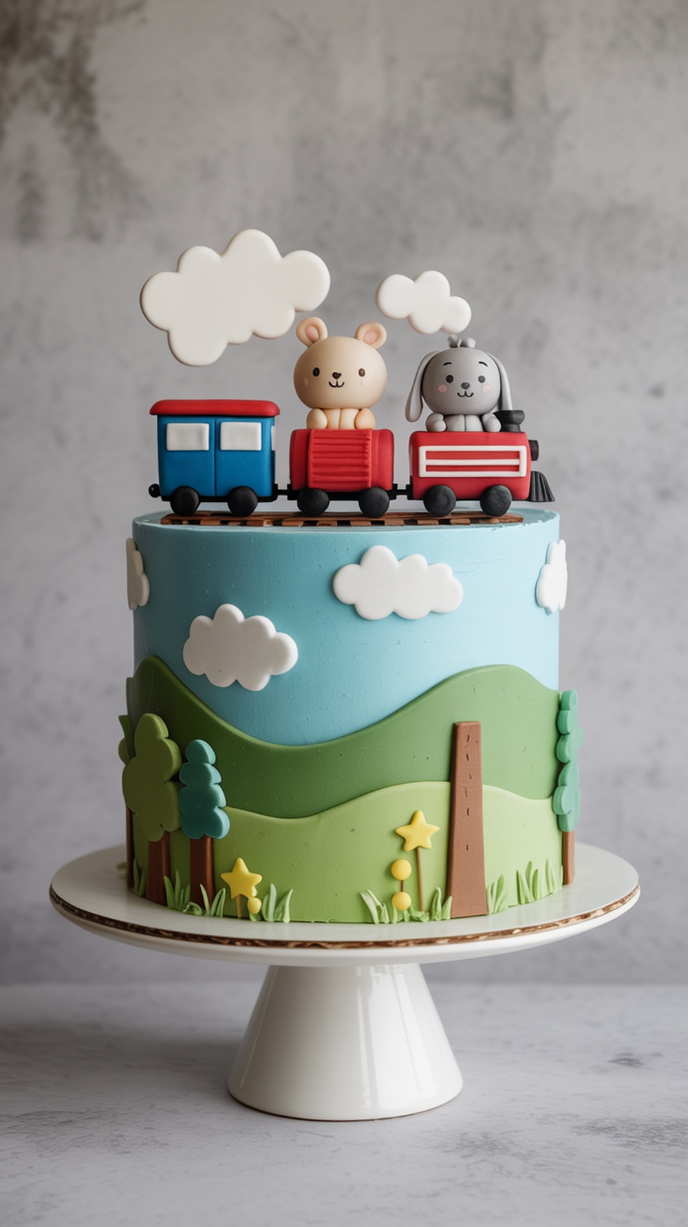 A cute animal train cake featuring a bear and a dog on colorful train cars, surrounded by clouds and trees.