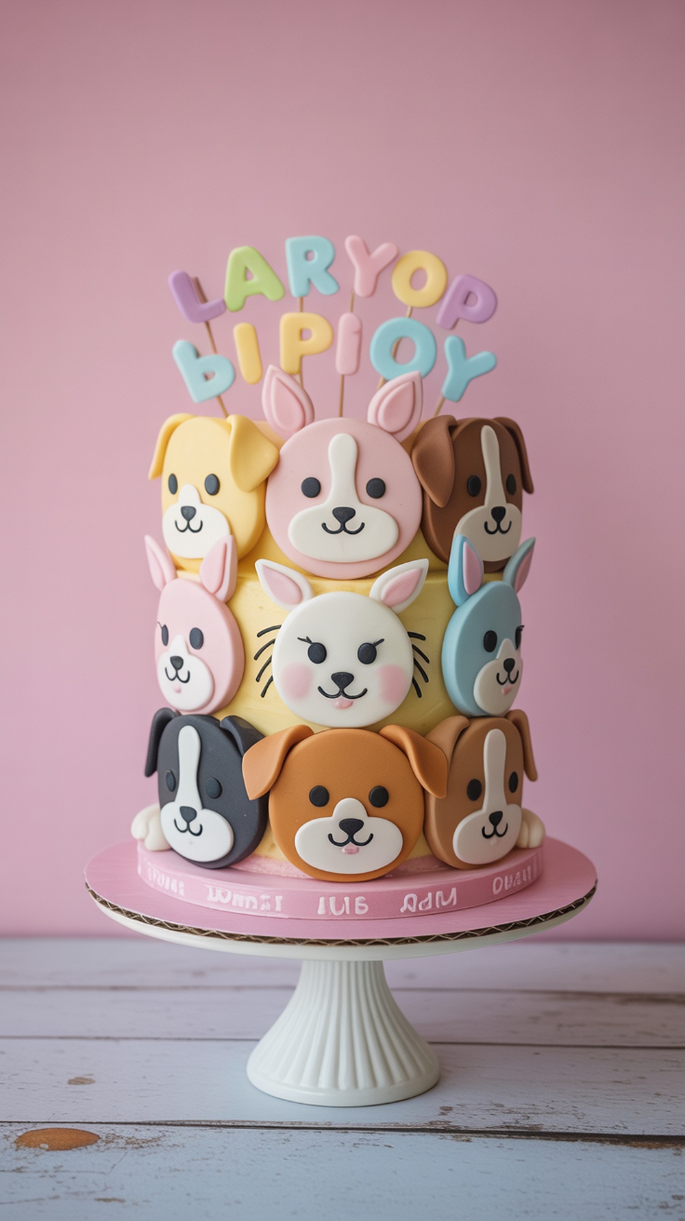 A colorful baby shower cake featuring cute baby animal faces made of fondant, with pastel colors and playful letters on top.