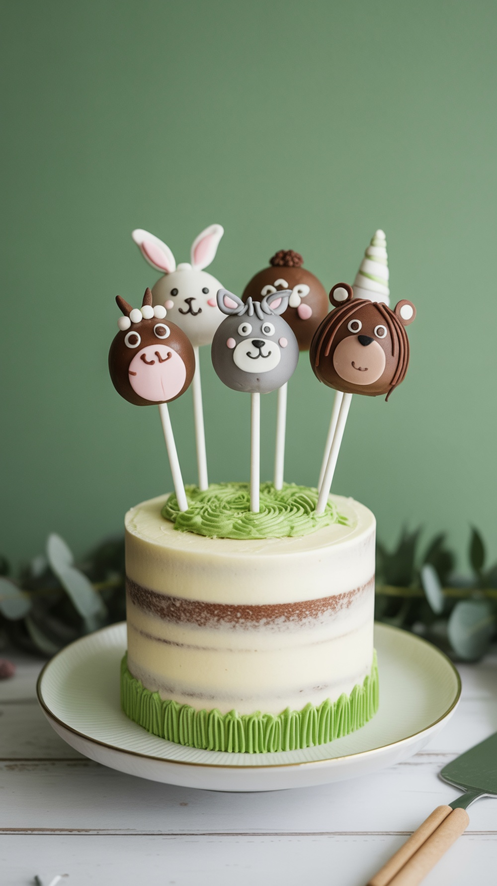 Woodland themed baby shower cake with cute critter cake pops on top