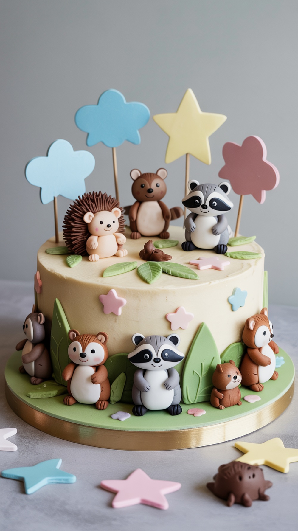 A whimsical animal-themed cake featuring fondant critters like a hedgehog, bear, and raccoon, surrounded by colorful decorations.
