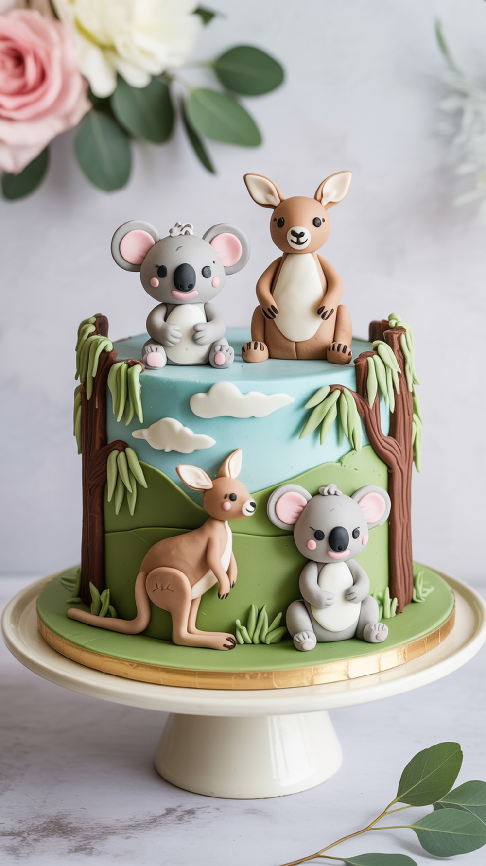 A cute animal-themed cake featuring koalas and kangaroos, decorated with fondant and set on a white cake stand.