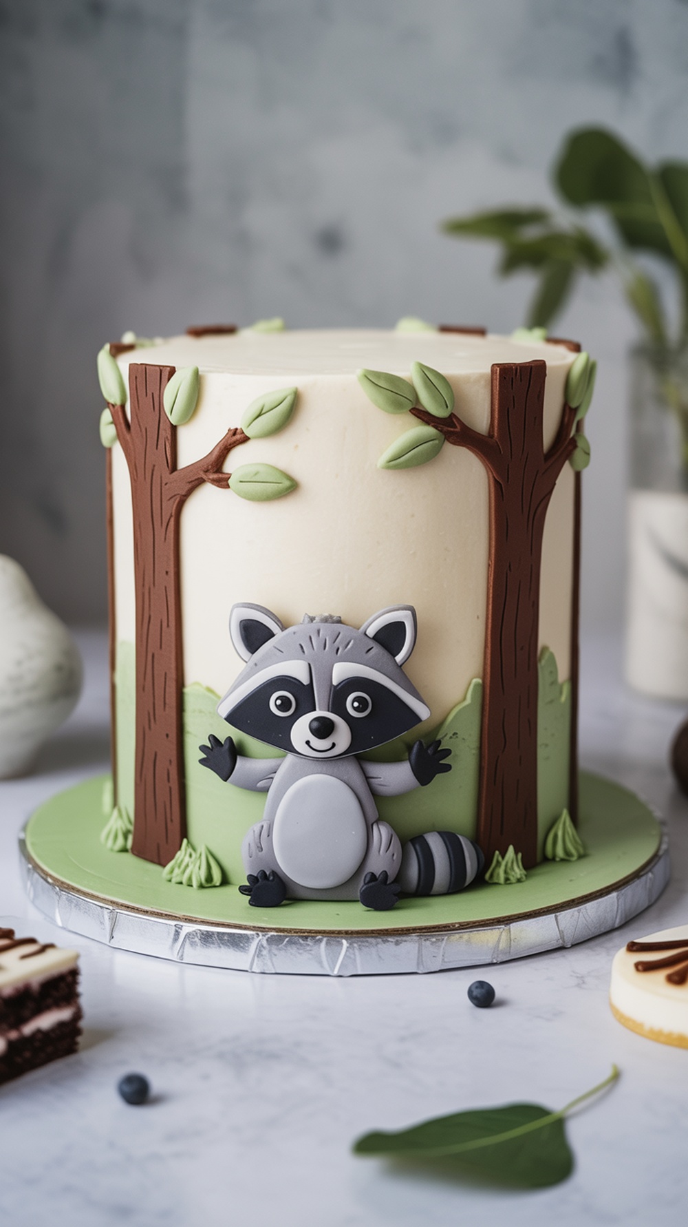 A cute raccoon cake decorated with fondant trees and leaves, perfect for a baby shower.